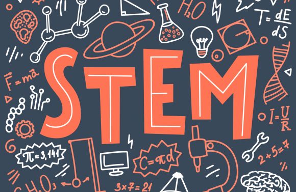 STEM. Science, technology, engineering, mathematics. Science education doodles and hand written word "STEM"